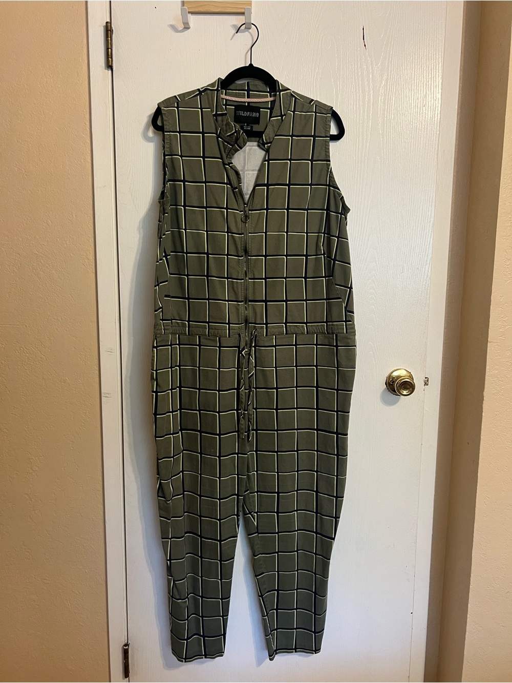 Wildfang Olive and White Grid Sleeveless Drawstring Jumpsuit